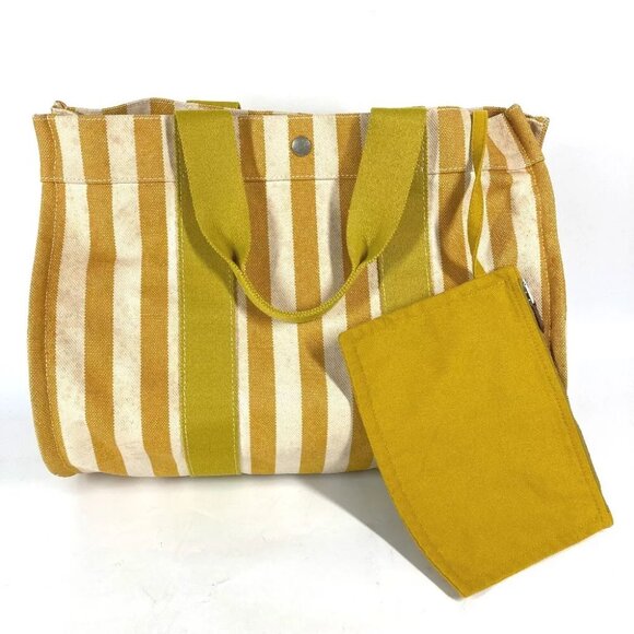 HERMES With porch Cannes MM Stripes shoulder bag Tote Bag Canvas yellow/White - Picture 1 of 13